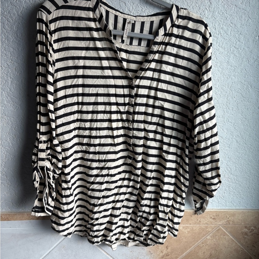 Grand & Greene Black and Cream Striped Blouse